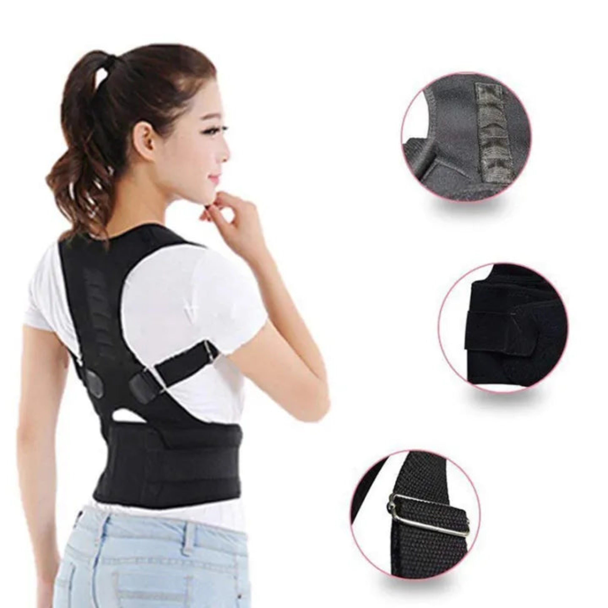 Woman wearing a black posture corrector with close-up insets on a white background