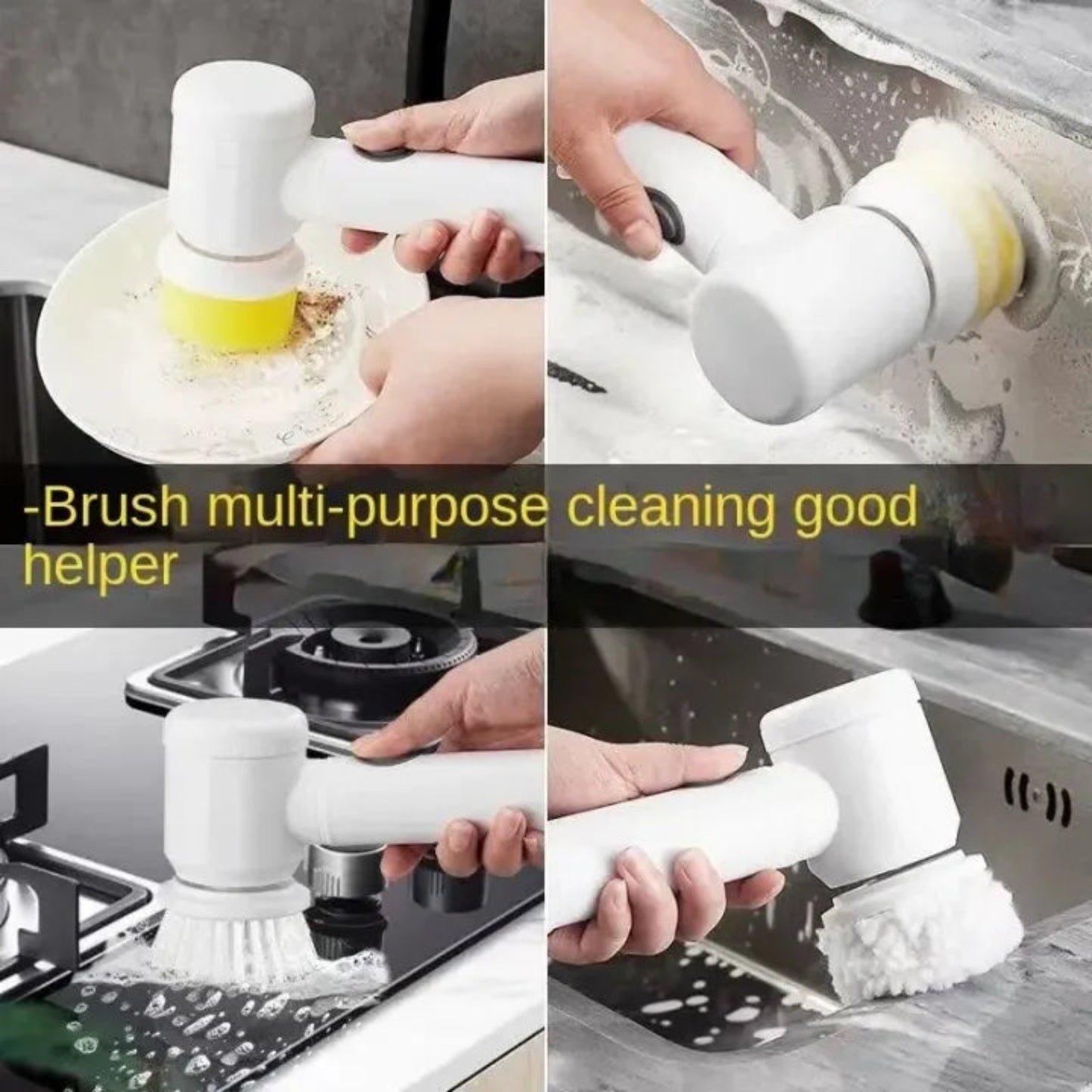 Multi-purpose cleaning brush being used on various kitchen surfaces with text 'Brush multi-purpose cleaning good helper'.